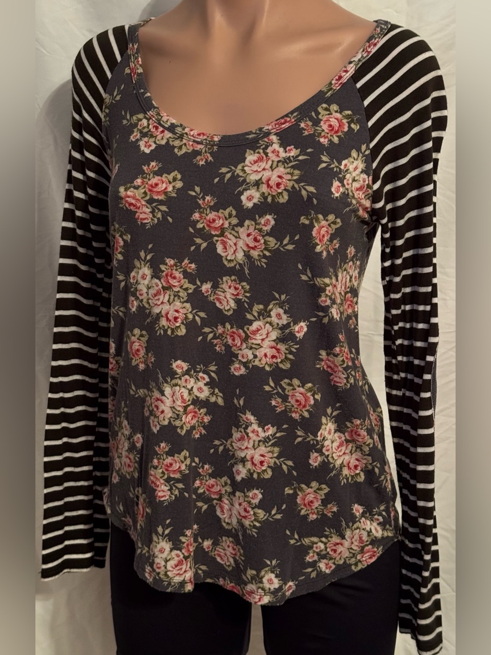 Sweet Claire Black Floral Raglan Long-Sleeve Top with Pink Roses